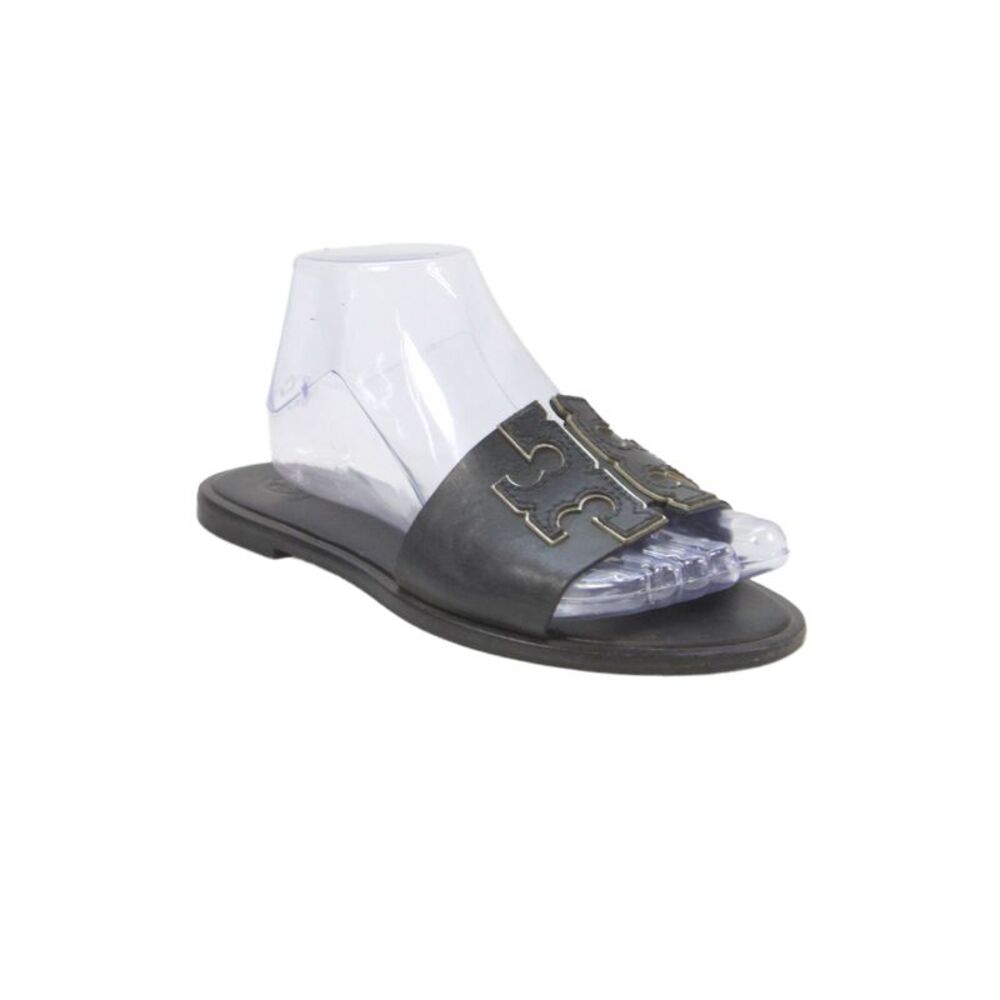 Tory Burch Womens Leather Logo Embossed Slip On Flat Sandals Shoes Black Sz 7